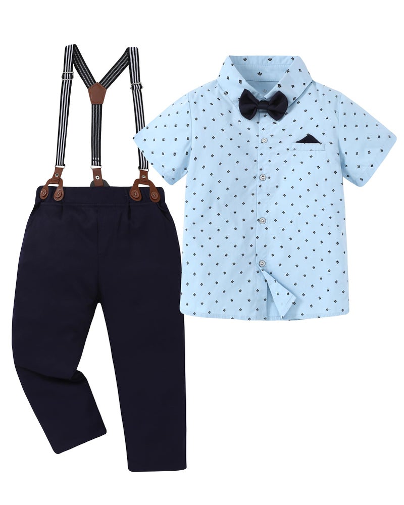 DISAUR Boy Dress Outfits Blue Point Printed Short Sleeve Shirt Navy Blue Suspender Pants Kids Suits Clothes Set 67 Years