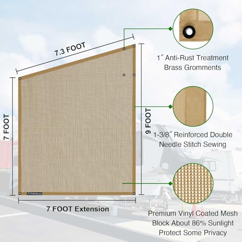 Tentproinc RV Awning Side Shade Screen 9'X7' - Beige Mesh Screen Sunshade Complete Kits Camping Trailer Canopy UV Sun Blocker - 3 Year Warranty - Image 3