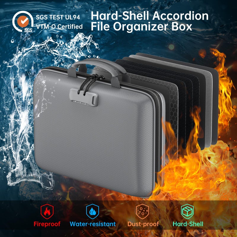 DocSafe Fireproof File Organizer with Lock, Hard-Shell Case Fireproof Document Box with 13 Pocket Accordion File Folder, Portable Home Office Travel Safe Storage for Important Documents Laptop Gray - Image 2