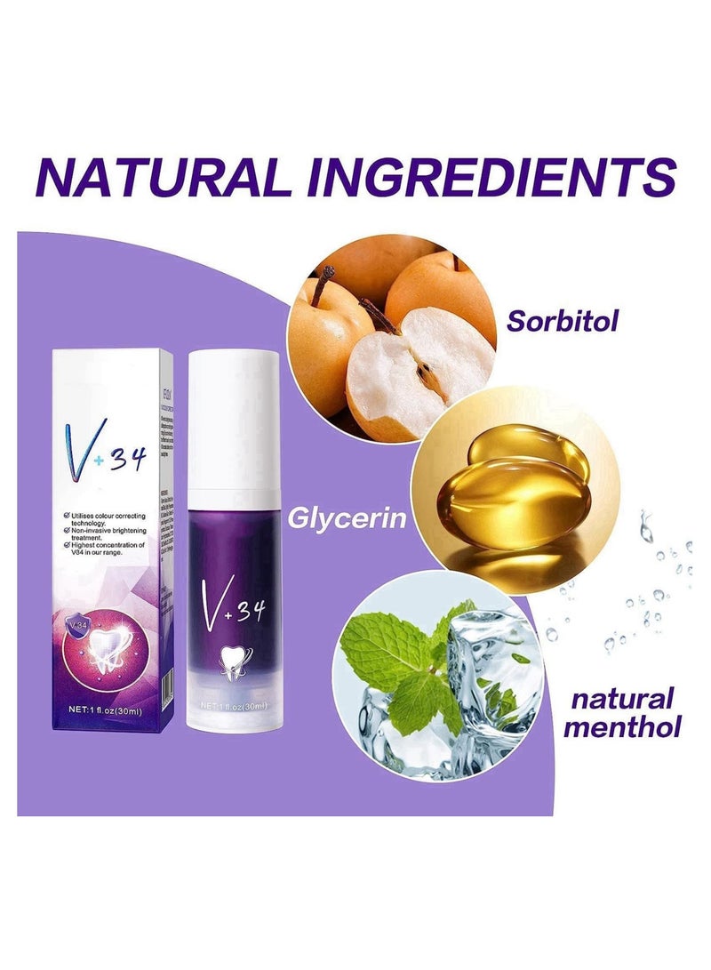 KASTWAVE Tooth Whitening Toothpaste, V34 Colour Correction Toothpaste, Purple Toothpaste, Teeth Whitening Fresh Breath, Sensitive Teeth Toothpastes Stain Removal for Yellow Teeth, 1Pack - Image 2