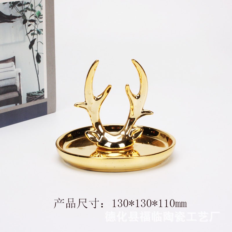 Nordic Electroplated Gold Ceramic Crafts Gift Jewelry Disc Ring Watch Home Storage Plate Gold Deer Animal Ornaments - Image 1