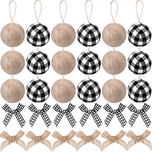 Suilung 30 Pcs Christmas Tree Ornaments Decorations18 Buffalo Plaid Burlap Farmhouse 24in Christmas Ball Ornament with 12 Mini Plaid Burlap Bows for Country Rustic Xmas Home Decor IndoorWhite Black - Image 1