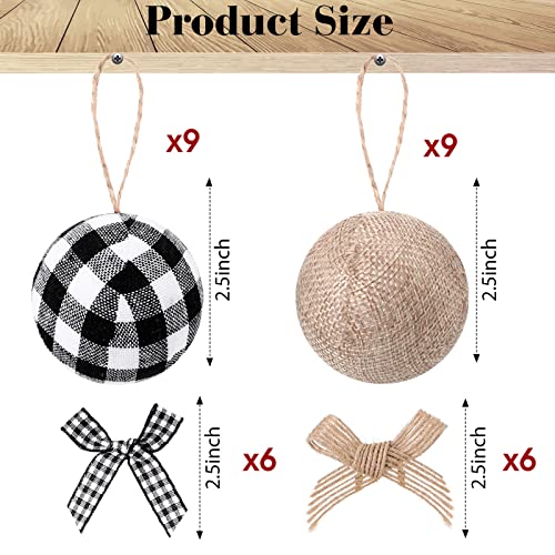 Suilung 30 Pcs Christmas Tree Ornaments Decorations18 Buffalo Plaid Burlap Farmhouse 24in Christmas Ball Ornament with 12 Mini Plaid Burlap Bows for Country Rustic Xmas Home Decor IndoorWhite Black - Image 3