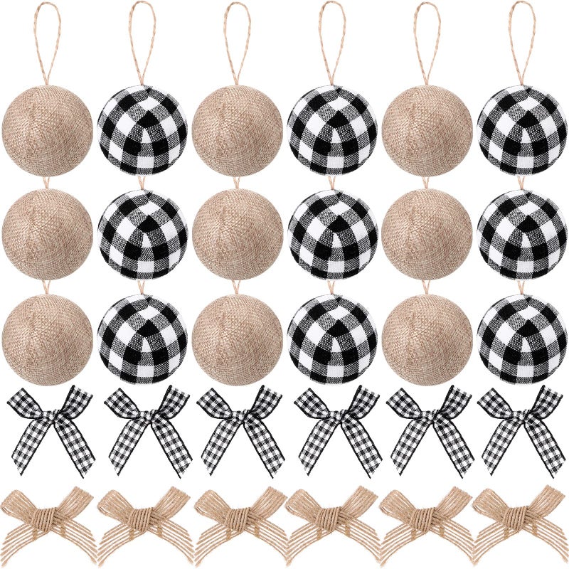 Suilung 30 Pcs Christmas Tree Ornaments Decorations18 Buffalo Plaid Burlap Farmhouse 24in Christmas Ball Ornament with 12 Mini Plaid Burlap Bows for Country Rustic Xmas Home Decor IndoorWhite Black - Image 2