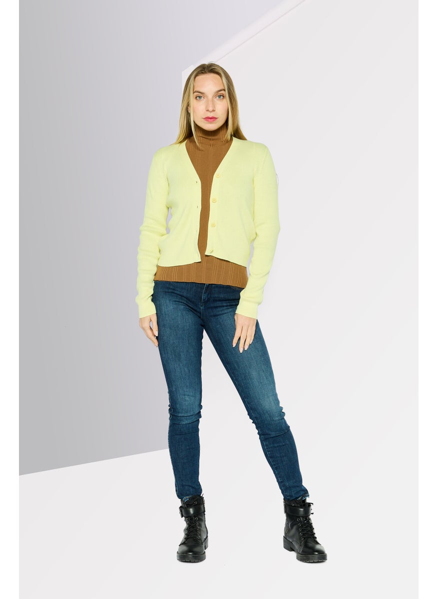 HUGO BOSS Women V-Neck Knitted Long Sleeves Cardigan, Yellow  - Image 2