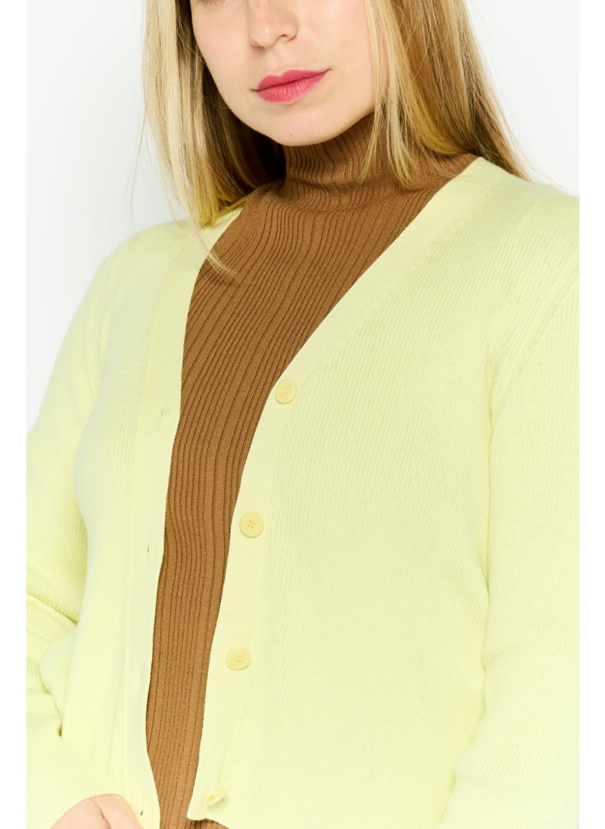 HUGO BOSS Women V-Neck Knitted Long Sleeves Cardigan, Yellow  - Image 3