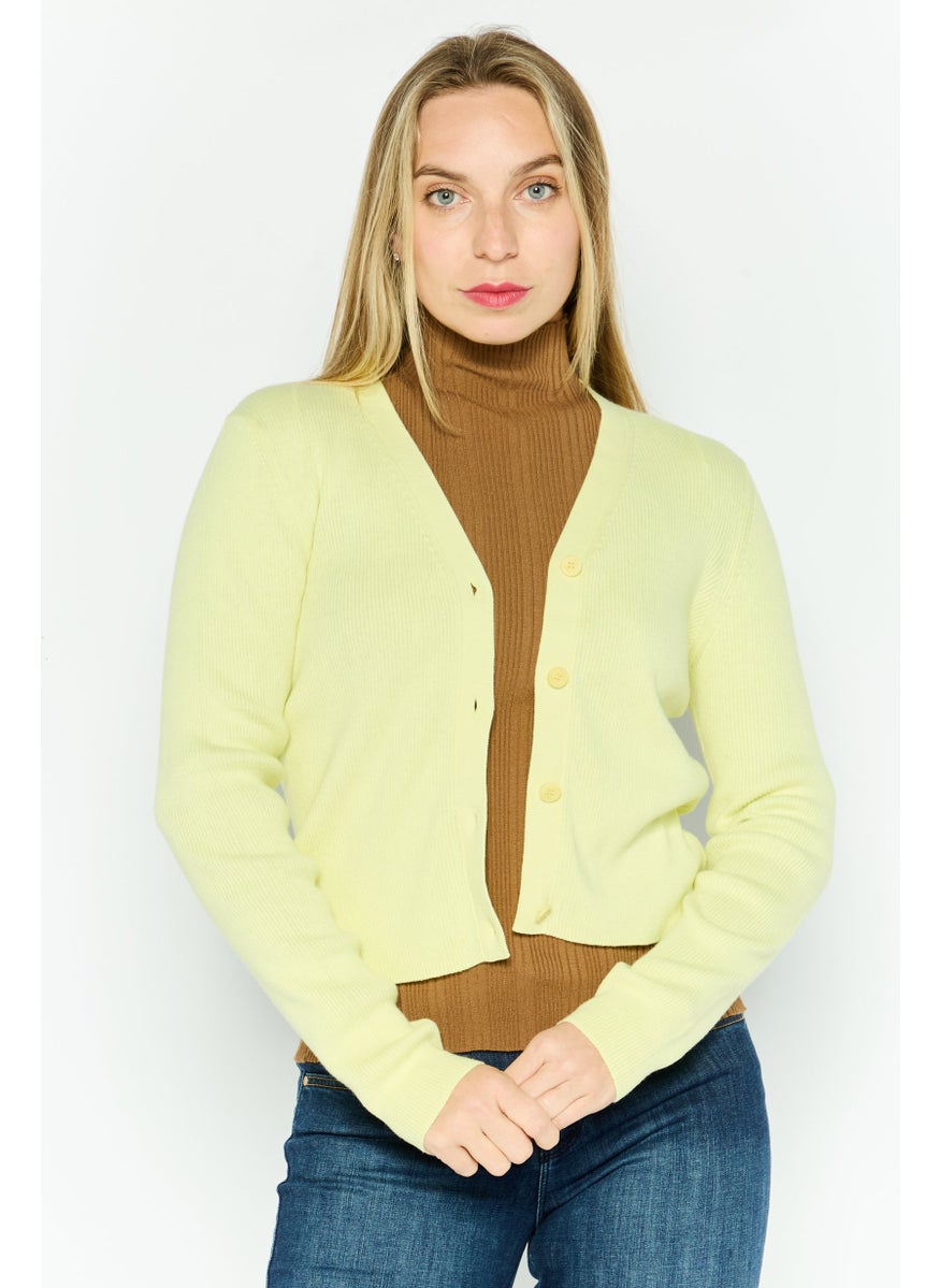 HUGO BOSS Women V-Neck Knitted Long Sleeves Cardigan, Yellow  - Image 1