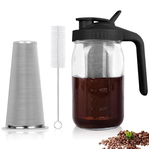QHH Cold Brew Coffee Maker,32 Oz Mason Jar Pitcher with Stainless Steel Filter, Pour Spout Handle Lid, Heavy Duty Glass Airtight & Leak-Proof Pitcher for iced coffee Tea Breastmilk Lemonade-Black - Image 1