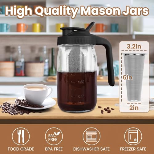 QHH Cold Brew Coffee Maker,32 Oz Mason Jar Pitcher with Stainless Steel Filter, Pour Spout Handle Lid, Heavy Duty Glass Airtight & Leak-Proof Pitcher for iced coffee Tea Breastmilk Lemonade-Black - Image 2