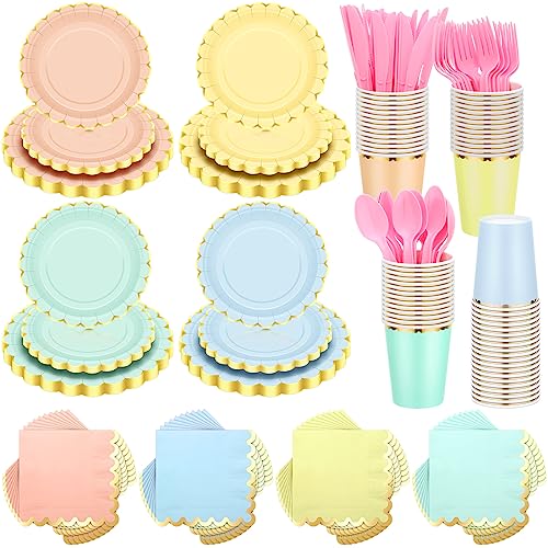 Yaomiao 336 Pcs Plates and Napkins Party Supplies Disposable Dinnerware Set Scalloped Plates Cups Napkin with Plastic Forks Knives Spoons Serve 48 Guests for Birthday Wedding RainbowClassic