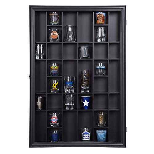 Gallery Solutions - Black Wall-Mounted - Curio & Shot Glass Display Case - 17"x26" Glass Door - Bar Accessories - Collectible - Miniature Glassware - Bar Accessories - Image 1