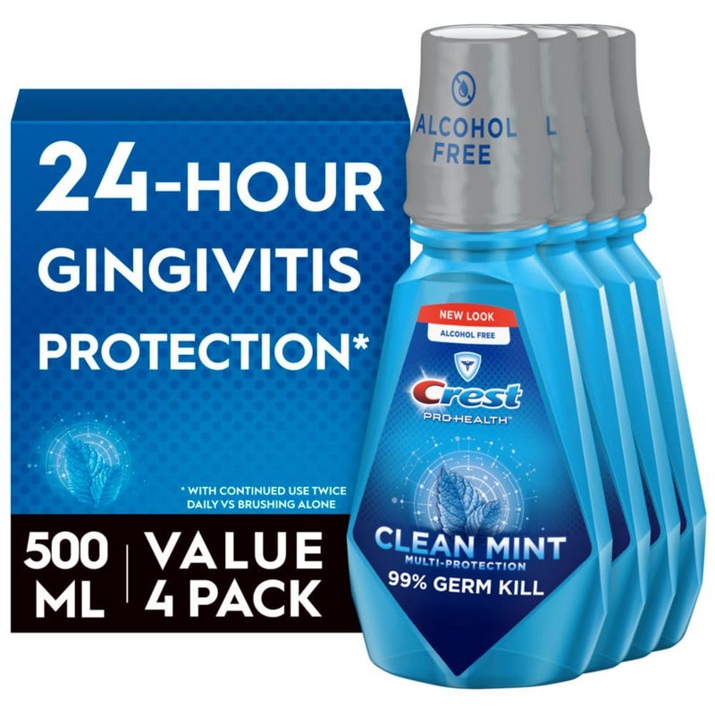 Procter & Gamble Crest Pro-Health Clean Mint Mouthwash, CPC Antigingivitis/Antiplaque Mouthwash, 500 mL (16.9 Fl Oz ), Pack of 4, Crest Mouthwash, Gingivitis Treatment - Image 1