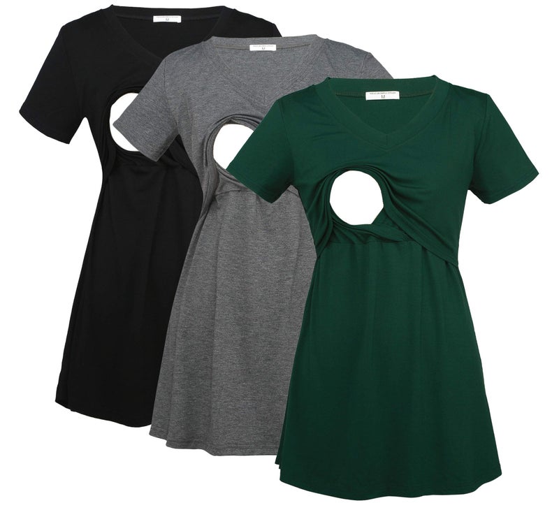 Bearsland Womens 3 Packs V Neck Nursing Tops Maternity Breastfeeding Tee Shirts,Black+Gray+Green,L - Image 1