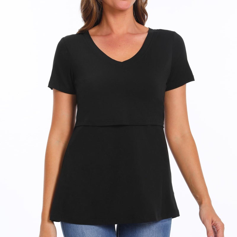 Bearsland Womens 3 Packs V Neck Nursing Tops Maternity Breastfeeding Tee Shirts,Black+Gray+Green,L - Image 3