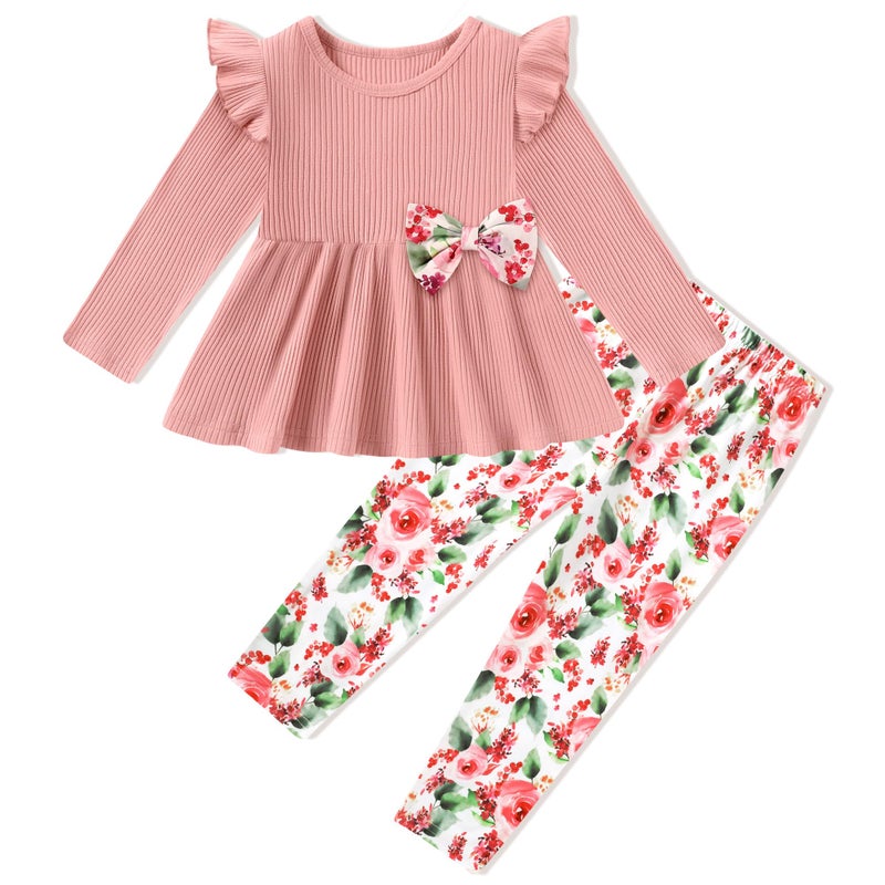 SANMIO Toddler Girl Clothes Little Girl Clothes Fall Winter Cute Ruffle Long Sleeve Top + Floral Pants 2Pcs Clothing Set, 4-5T - Image 1