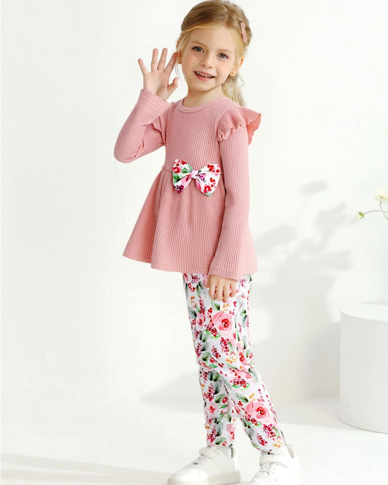 SANMIO Toddler Girl Clothes Little Girl Clothes Fall Winter Cute Ruffle Long Sleeve Top + Floral Pants 2Pcs Clothing Set, 4-5T - Image 2