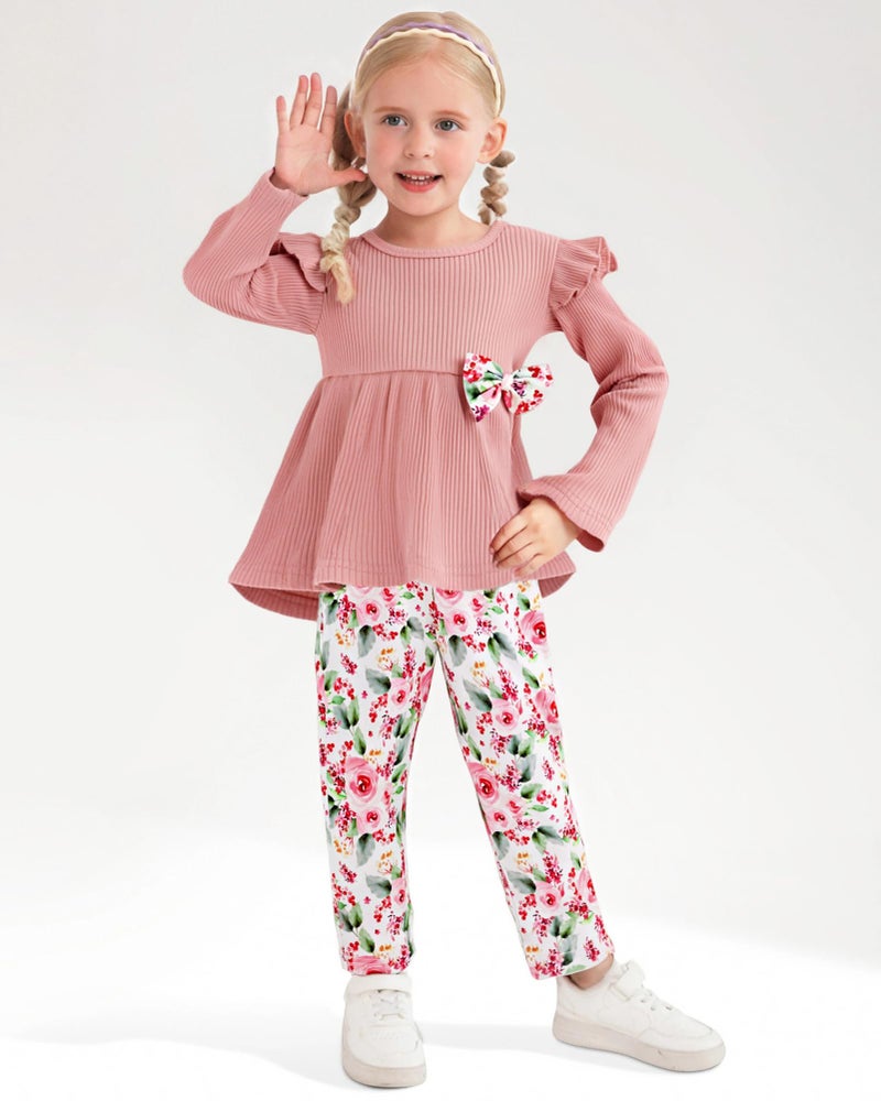 SANMIO Toddler Girl Clothes Little Girl Clothes Fall Winter Cute Ruffle Long Sleeve Top + Floral Pants 2Pcs Clothing Set, 4-5T - Image 3