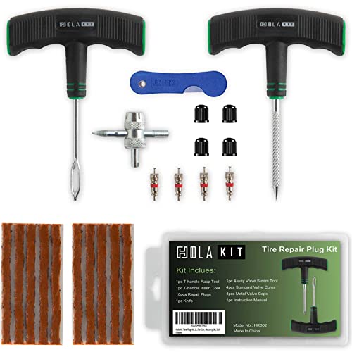 HolaKit Tire Plug Kit, 22PCS Compact Tire Repair Kit with Rubber Plugs, Upgrade T-Handle, 4-Way Valve Steam Tool, Flat Tire Puncture Repair Tools for Cars, Motorcycle, ATV, SUV - Image 1