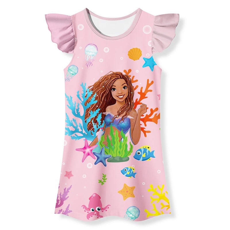 Children'S Clothing New Real Mermaid Nightdress Summer Flying Sleeve Cartoon Princess Dress Di150 Generation Hair - Image 2