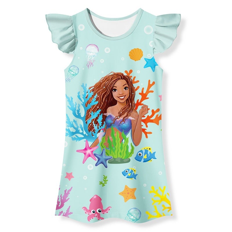 Children'S Clothing New Real Mermaid Nightdress Summer Flying Sleeve Cartoon Princess Dress Di150 Generation Hair - Image 3