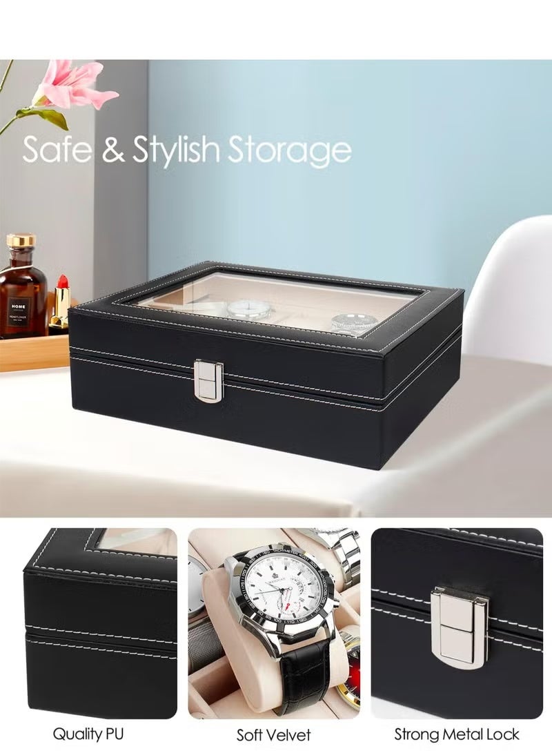 صندوق تخزين وتنظيم ساعات بتصميم - من 12 فتحه منظم من الزجاج الحقيقي مع طبقة جلد صناعي للرجال والنساء، أسود - Image 3