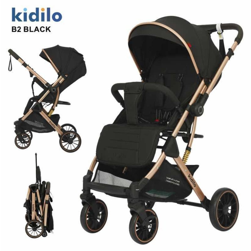 Kidilo B2 Baby Stroller with Large Rear Wheels, Compact Fold, Sun Canopy, Safety Harness, Shock Absorbing Design, Front Swivel Wheels, Spacious Storage Basket, Comfortable Seat for Daily Travel
