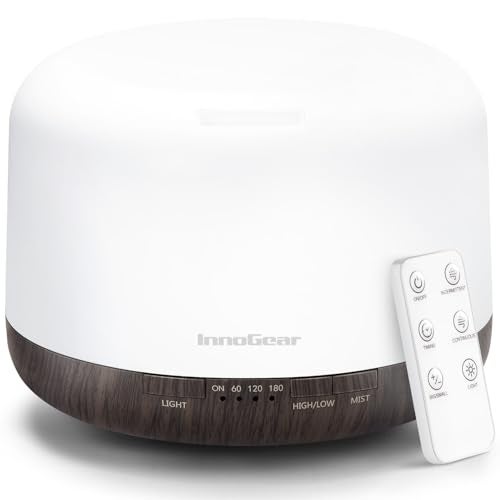 InnoGear 500ml Essential Oil Diffuser with Remote Control, Premium Ultrasonic Aromatherapy Diffusers Scent Humidifier Vaporizer Auto-Off Timer for Large Room Home, Brown - Image 1