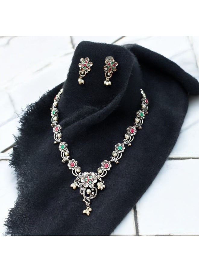 Pretty Precious 93999-NSO-Antique Silver Floral Necklace Set with Green and Red Stones, Traditional Indian Style Jewelry, Oxidized Metal Design - Image 5