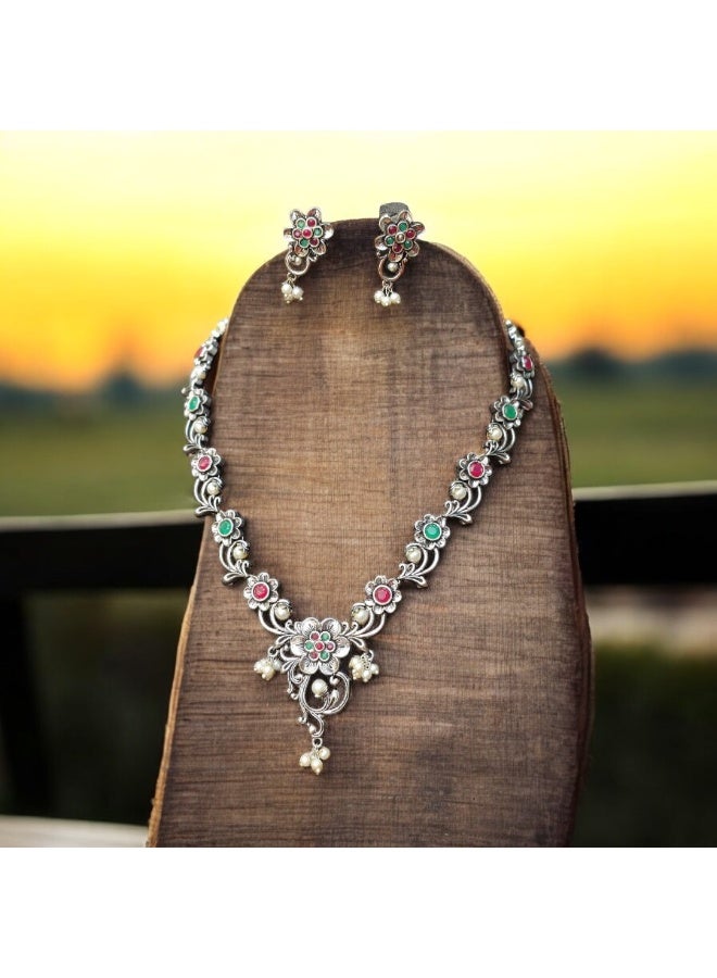 Pretty Precious 93999-NSO-Antique Silver Floral Necklace Set with Green and Red Stones, Traditional Indian Style Jewelry, Oxidized Metal Design - Image 3