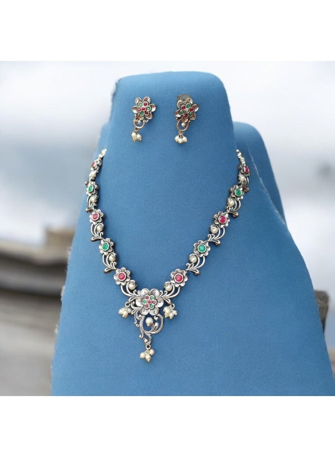 Pretty Precious 93999-NSO-Antique Silver Floral Necklace Set with Green and Red Stones, Traditional Indian Style Jewelry, Oxidized Metal Design - Image 2
