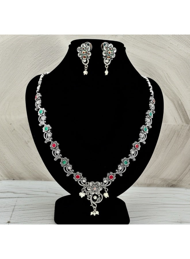 Pretty Precious 93999-NSO-Antique Silver Floral Necklace Set with Green and Red Stones, Traditional Indian Style Jewelry, Oxidized Metal Design - Image 4