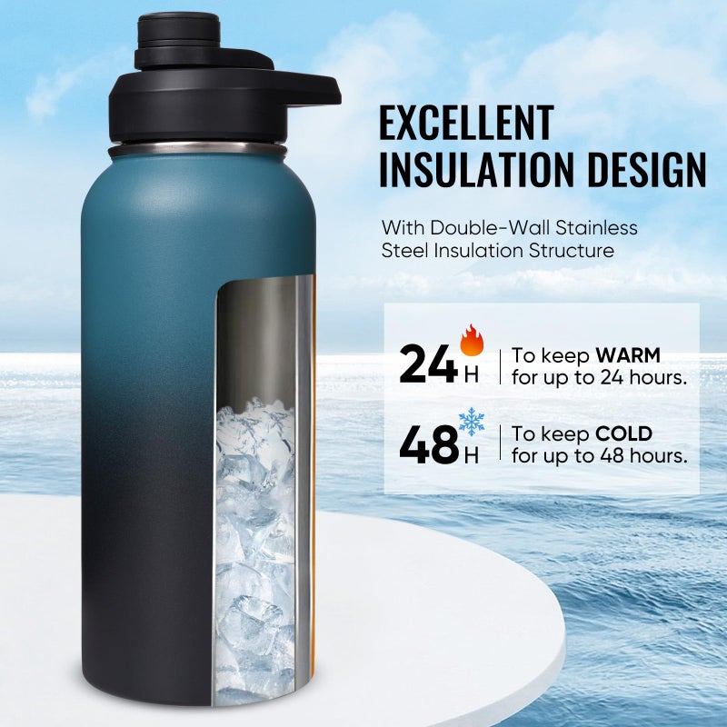 Fijinhom 32 oz Insulated Water Bottle with Handle, 304 Stainless Steel Water Bottles with Wide Mouth, Double Wall Vacuum Sports Water Bottle, BPA Free, Keep Cold and Hot, Blue&Black - Image 2