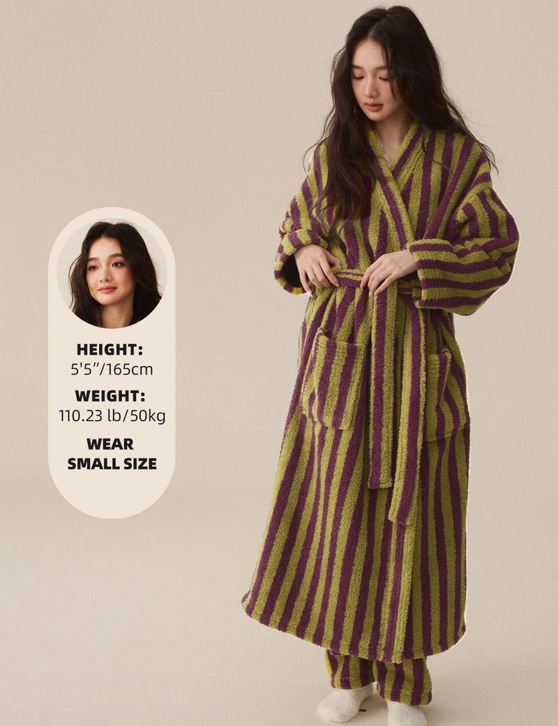 Arssm Womens Striped Fluffy Robe Long Plush Bathrobes Fuzzy Warm Cozy Thick Loungewear Maxi Robe(Purple-L) - Image 4