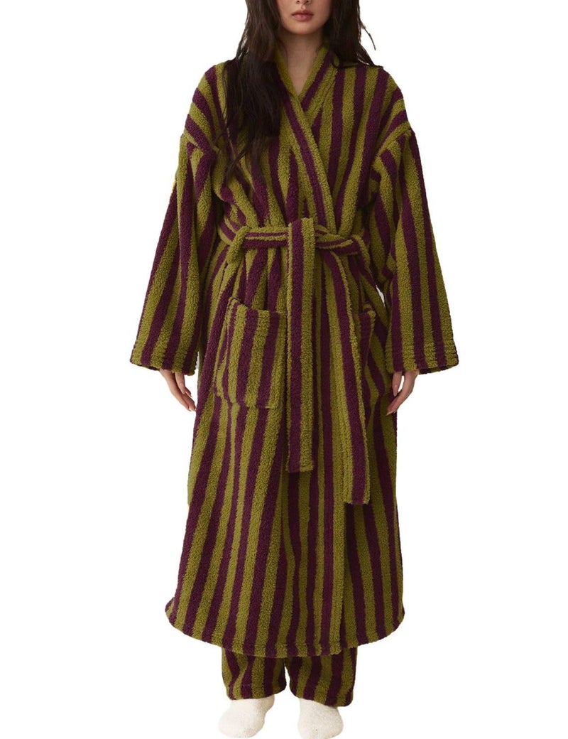 Arssm Womens Striped Fluffy Robe Long Plush Bathrobes Fuzzy Warm Cozy Thick Loungewear Maxi Robe(Purple-L) - Image 1