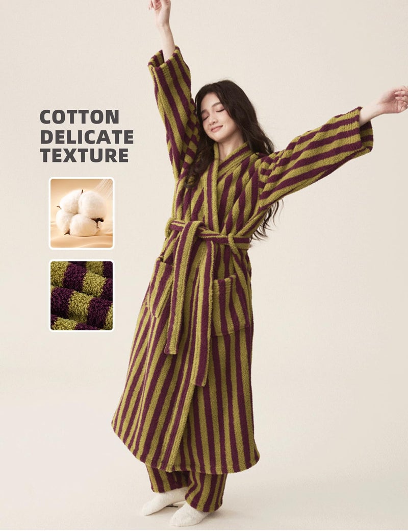 Arssm Womens Striped Fluffy Robe Long Plush Bathrobes Fuzzy Warm Cozy Thick Loungewear Maxi Robe(Purple-L) - Image 5