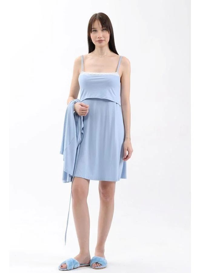 LuvmaBelly Myra9651 Nightgown with Front Panel, Lace Nursing Gown - Blue.