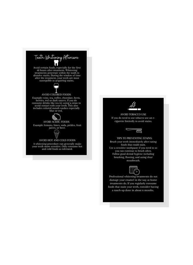 Boutique Marketing LLC Professional Teeth Whitening Aftercare Instructions Cards | Package Of 50 | Double Sided Size 2X3.5" Inch Business Card | Wallet Sized Black With White Icons Design  - Image 2
