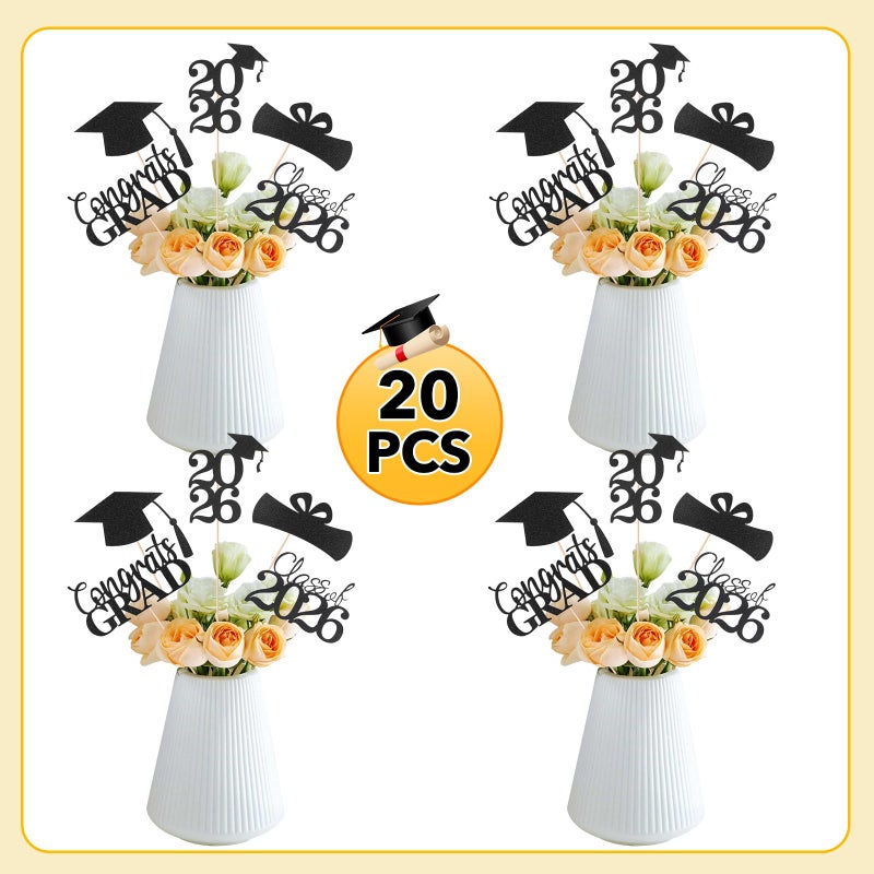 Cyunda Graduation Decorations 2026, 20 PCS Sparkling Black Double-Sided Centerpiece Sticks for Tables, Class of 2026 Table Toppers and Party Supplies - Image 3