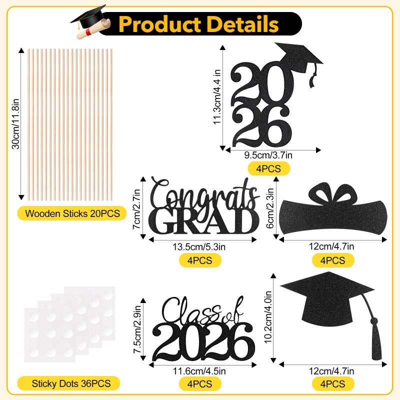 Cyunda Graduation Decorations 2026, 20 PCS Sparkling Black Double-Sided Centerpiece Sticks for Tables, Class of 2026 Table Toppers and Party Supplies - Image 2