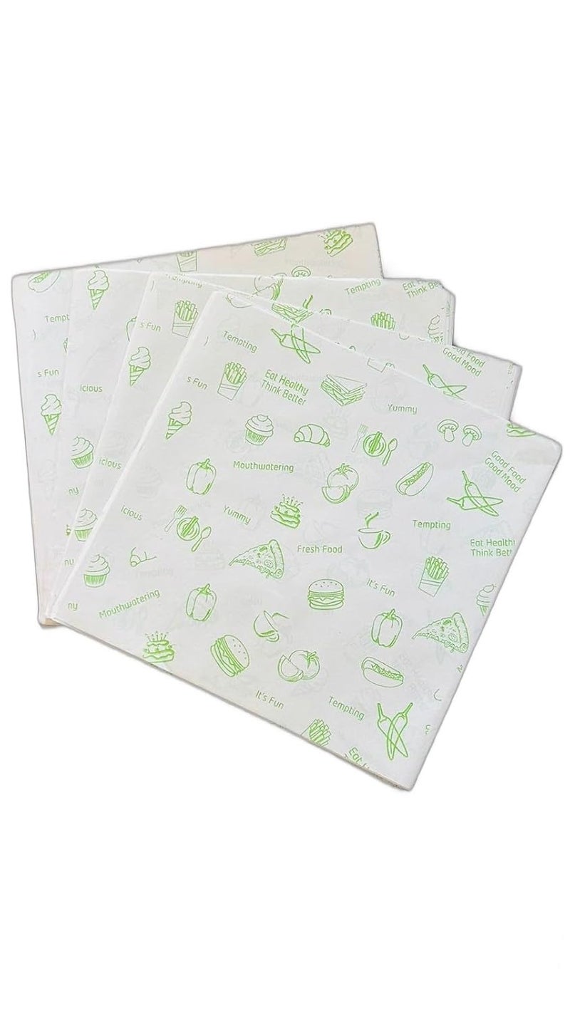Baekence Parchment PaperButter Paper Sheets Pack of 100 Sheets Grease Proof Butter Paper for Kitchen Cake Cookie Wrapping RotiFood Grilling Frying Air FryerWhite Green Printed 11 x 11 - Image 1