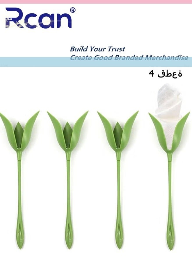 ركان حامل مناديل للطاولات، مجموعة من 4 قطع من براعم الزهور البلاستيكية الملتوية ذات السيقان الخضراء، بالإضافة إلى مناديل بيضاء لعمل ترتيبات أصلية للطاولة - Image 1