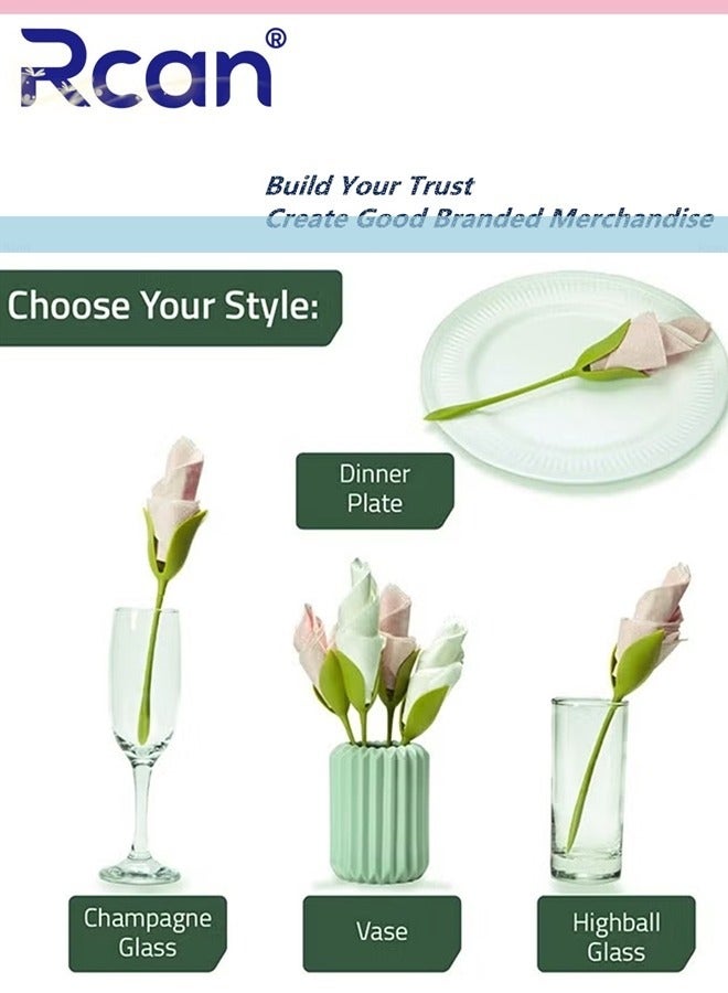 ركان حامل مناديل للطاولات، مجموعة من 4 قطع من براعم الزهور البلاستيكية الملتوية ذات السيقان الخضراء، بالإضافة إلى مناديل بيضاء لعمل ترتيبات أصلية للطاولة - Image 3