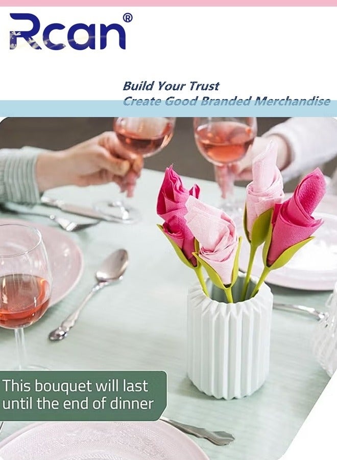 ركان حامل مناديل للطاولات، مجموعة من 4 قطع من براعم الزهور البلاستيكية الملتوية ذات السيقان الخضراء، بالإضافة إلى مناديل بيضاء لعمل ترتيبات أصلية للطاولة - Image 5