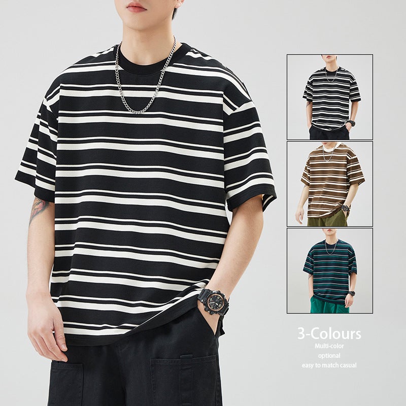 Fashionable American Simple Stripesd Round Neck T-Shirt For Men, Versatile Loose Round Neck Short-Sleeved Casual Youth Trendyy Cool And Handsome T-Shirt - Image 3