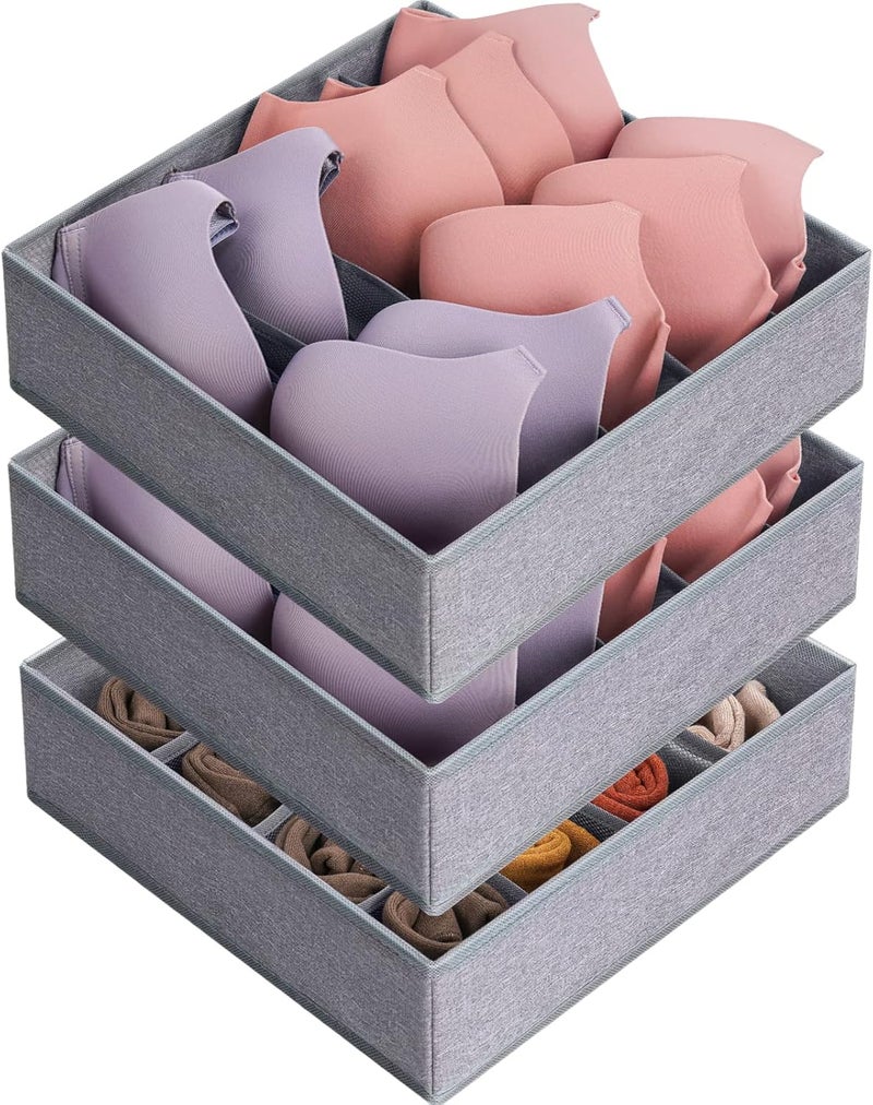 Criusia 3 Pack Bra Underwear Drawer Organizer Dividers, 26 Cell Fabric Foldable Dresser Closet Organizers and Storage Boxes for Baby Clothes, Bra, Socks, Underwear, Ties (5+5+16 Slots, Grey) - Image 1