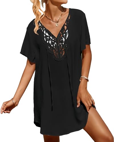 SimpleFun Bathing Suit Cover Up for Women V Neck Short Sleeve Beach Swimsuit Coverups for Swimming Pool Black XXL - Image 1