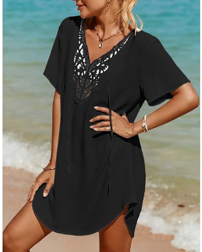 SimpleFun Bathing Suit Cover Up for Women V Neck Short Sleeve Beach Swimsuit Coverups for Swimming Pool Black XXL - Image 2