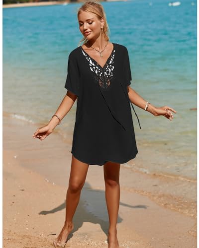 SimpleFun Bathing Suit Cover Up for Women V Neck Short Sleeve Beach Swimsuit Coverups for Swimming Pool Black XXL - Image 5