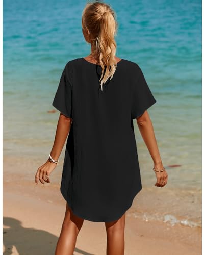 SimpleFun Bathing Suit Cover Up for Women V Neck Short Sleeve Beach Swimsuit Coverups for Swimming Pool Black XXL - Image 4