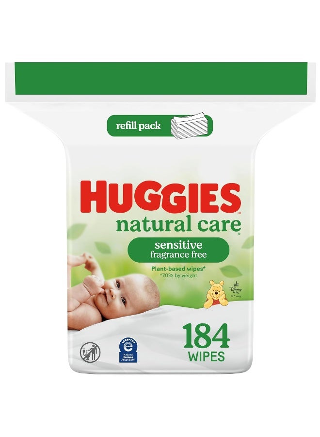 HUGGIES مناديل هاجيز الطبيعية للعناية بالبشرة الحساسة للأطفال، بدون رائحة، مضادة للحساسية، 99% ماء نقي، عبوة إعادة تعبئة واحدة (184 مناديل إجمالي) - Image 1